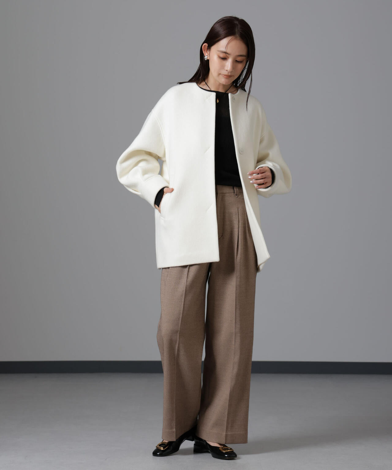 PECOLAMBウールカシミヤノーカラーミドル丈コート 6694211302