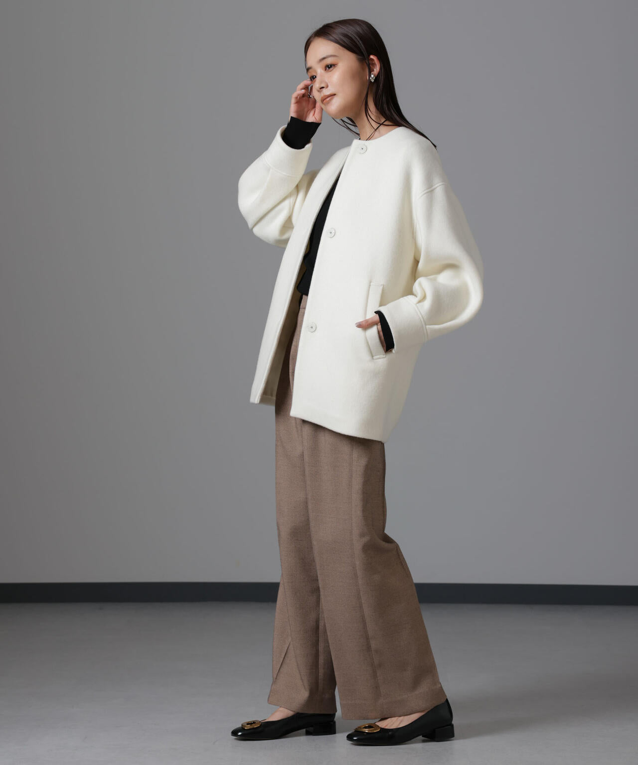 PECOLAMBウールカシミヤノーカラーミドル丈コート 6694211302