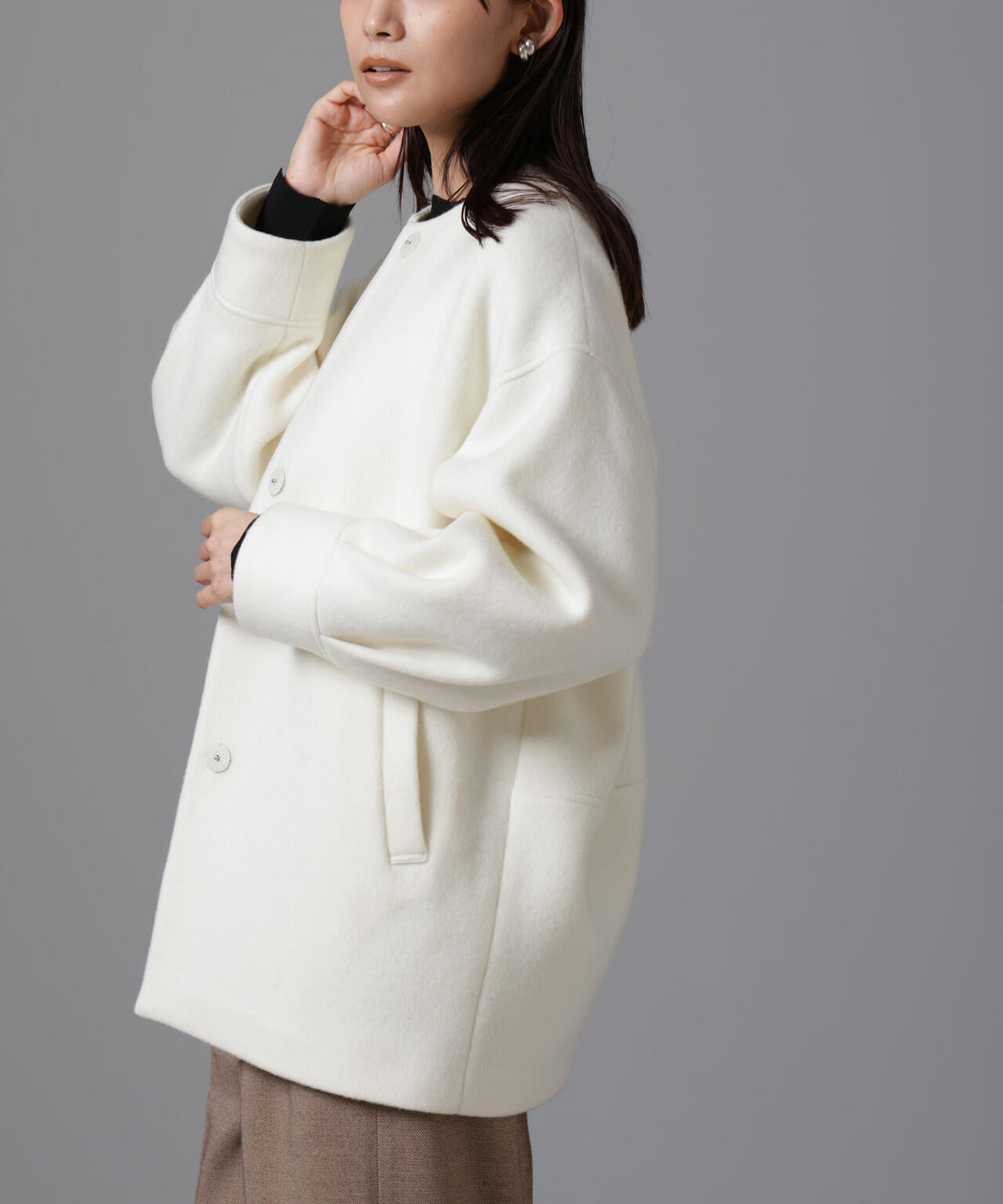 PECOLAMBウールカシミヤノーカラーミドル丈コート 6694211302