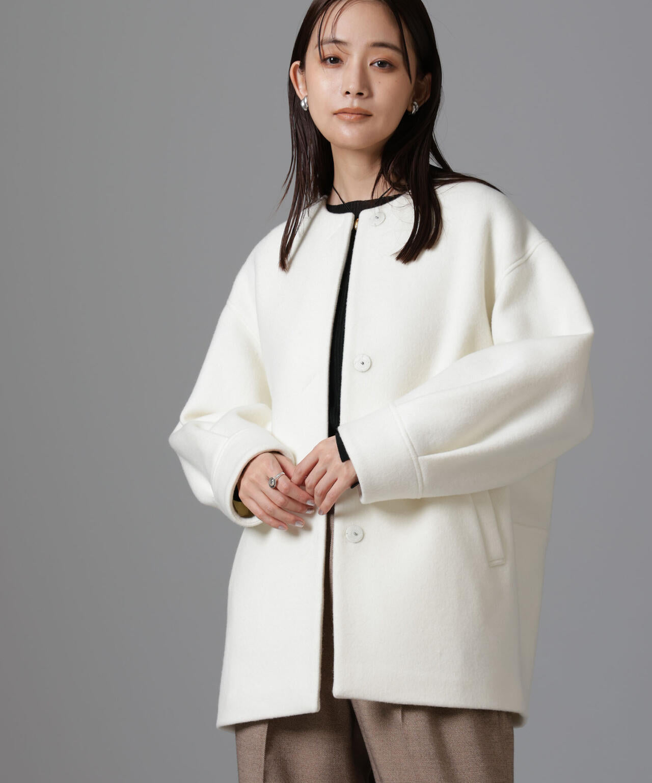 PECOLAMBウールカシミヤノーカラーミドル丈コート 6694211302