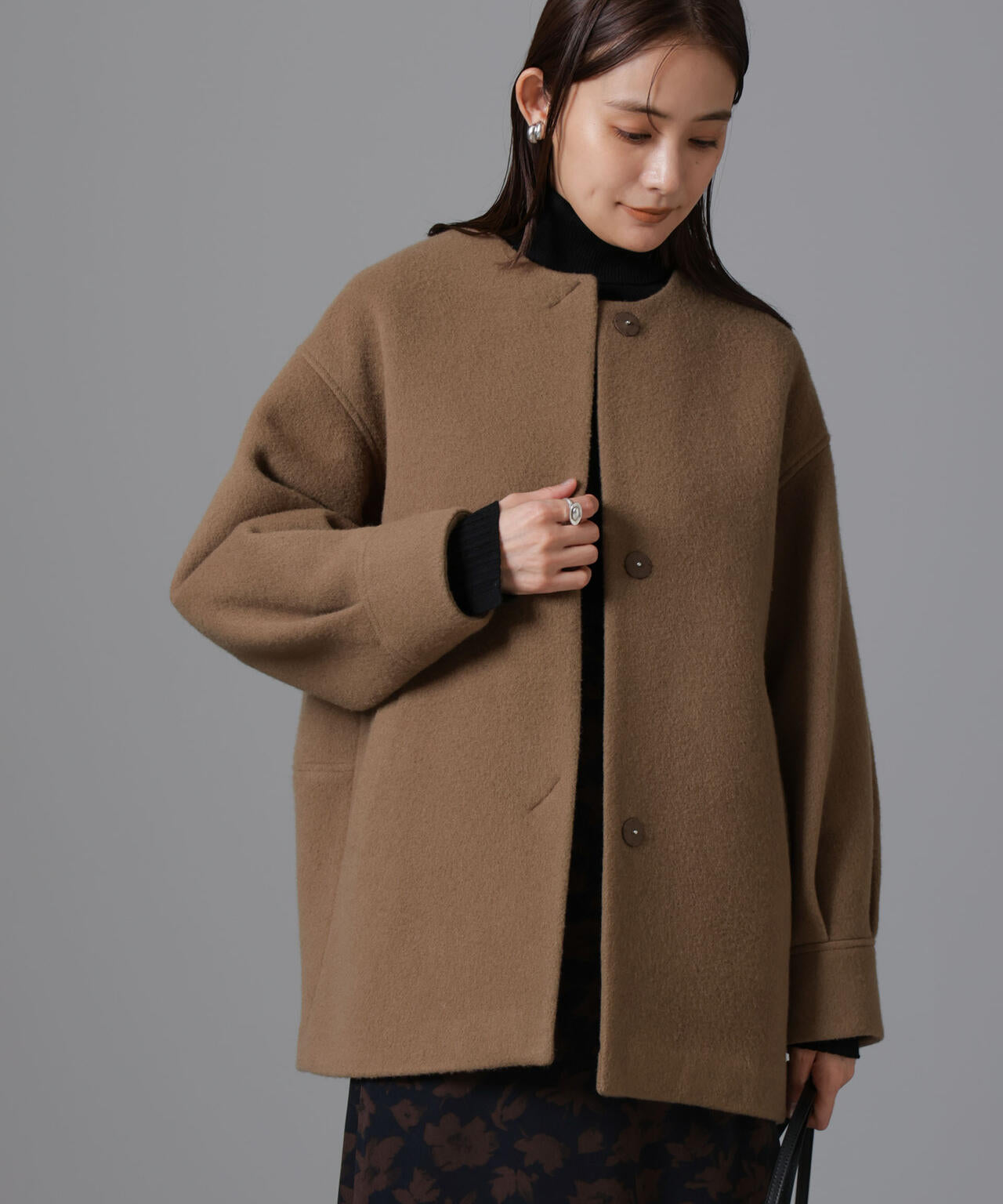 PECOLAMBウールカシミヤノーカラーミドル丈コート 6694211302