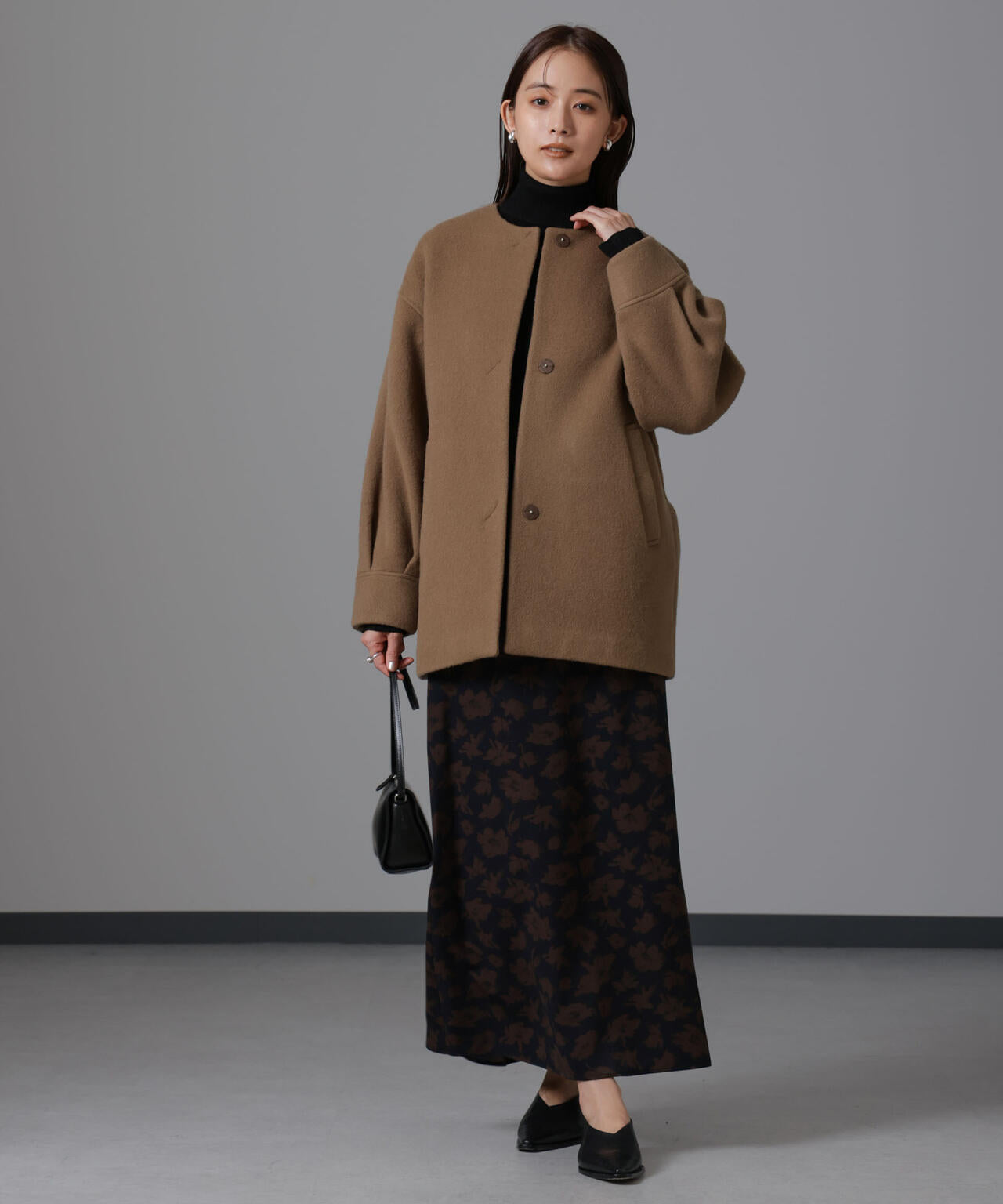 PECOLAMBウールカシミヤノーカラーミドル丈コート 6694211302