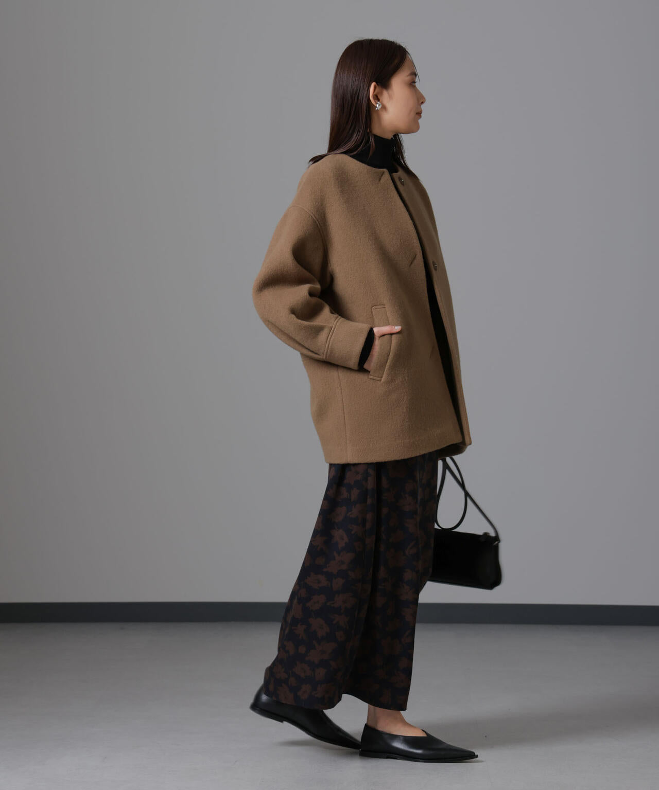 PECOLAMBウールカシミヤノーカラーミドル丈コート 6694211302