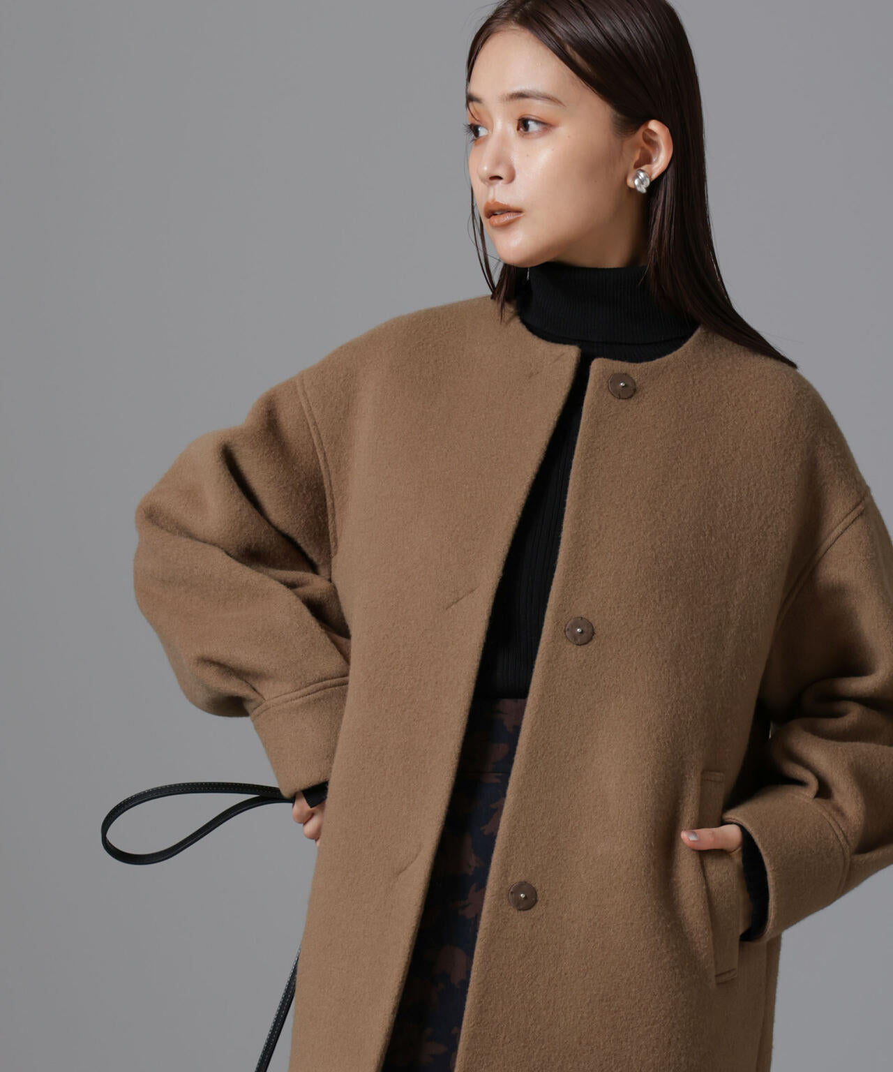 PECOLAMBウールカシミヤノーカラーミドル丈コート 6694211302