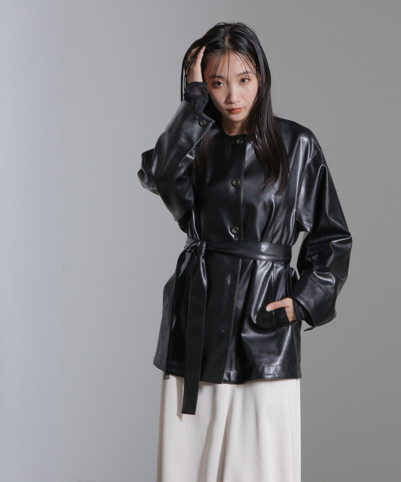 フェイクレザーベルテッドジャケット(セットアップ可) 6694216306