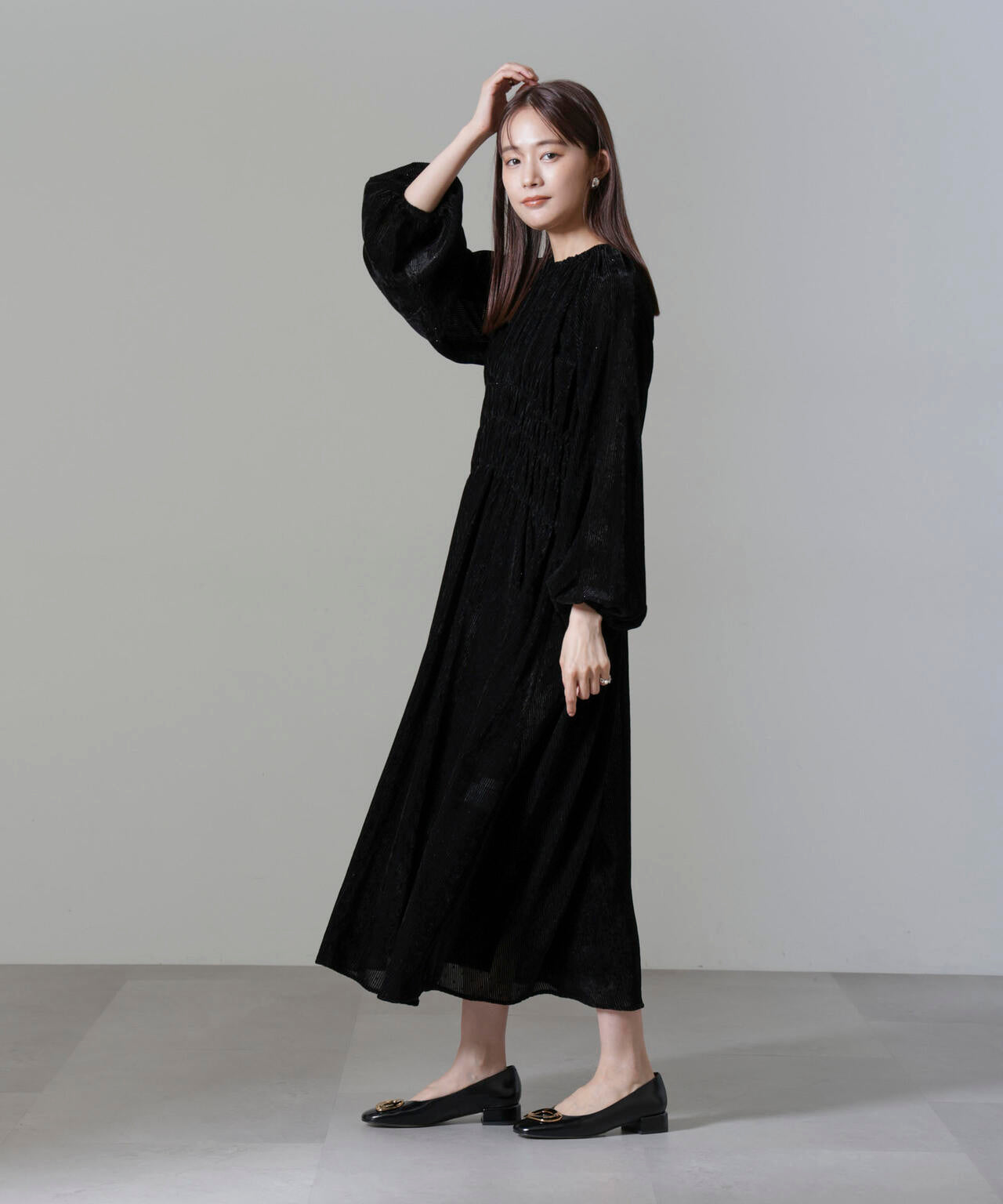 ストライプベロアギャザーワンピース 6694219318