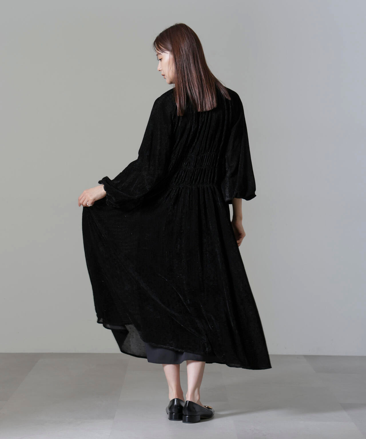 ストライプベロアギャザーワンピース 6694219318