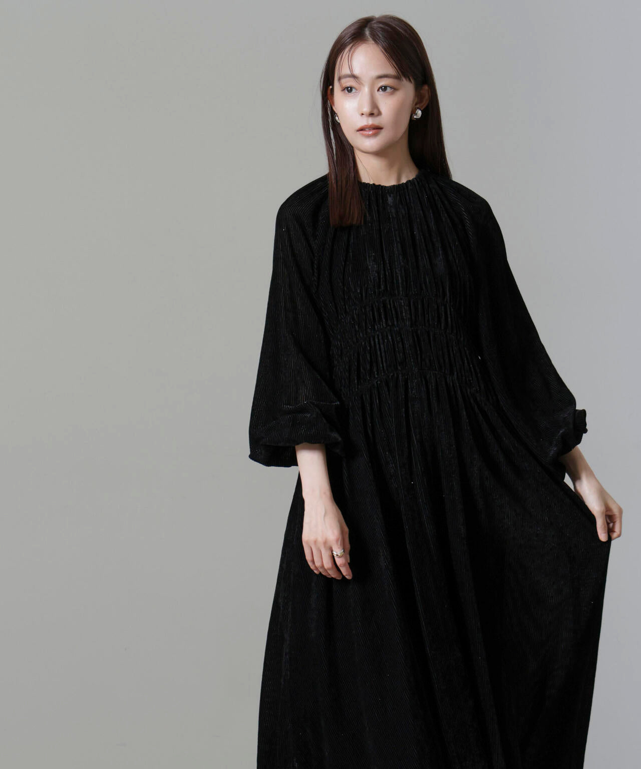 ストライプベロアギャザーワンピース 6694219318