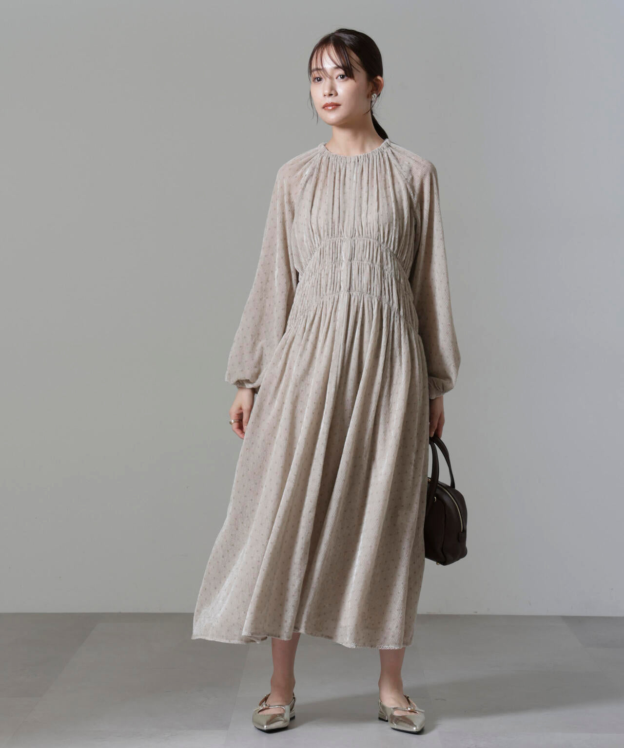 ストライプベロアギャザーワンピース 6694219318