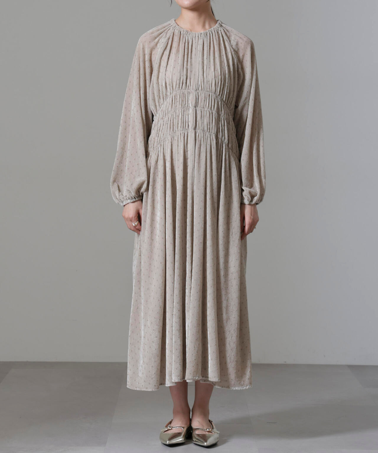 ストライプベロアギャザーワンピース 6694219318