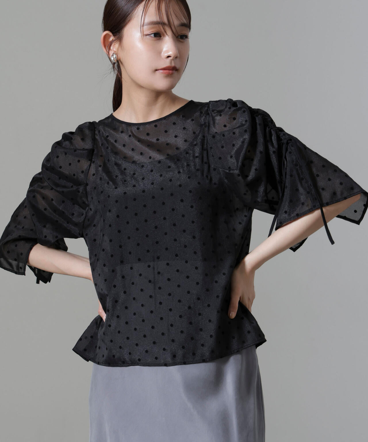 フロッキードットリボンスリーブブラウス 6694220309