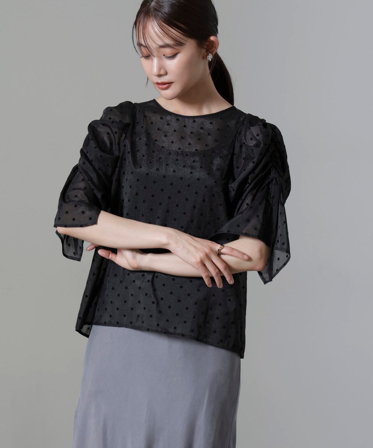 フロッキードットリボンスリーブブラウス 6694220309