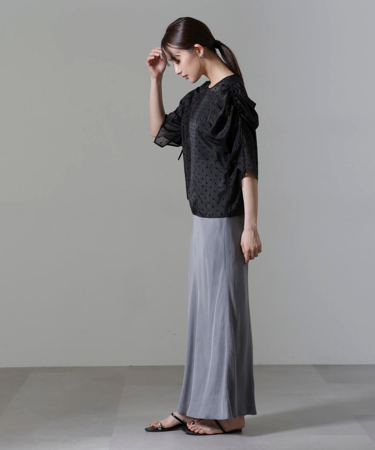 フロッキードットリボンスリーブブラウス 6694220309