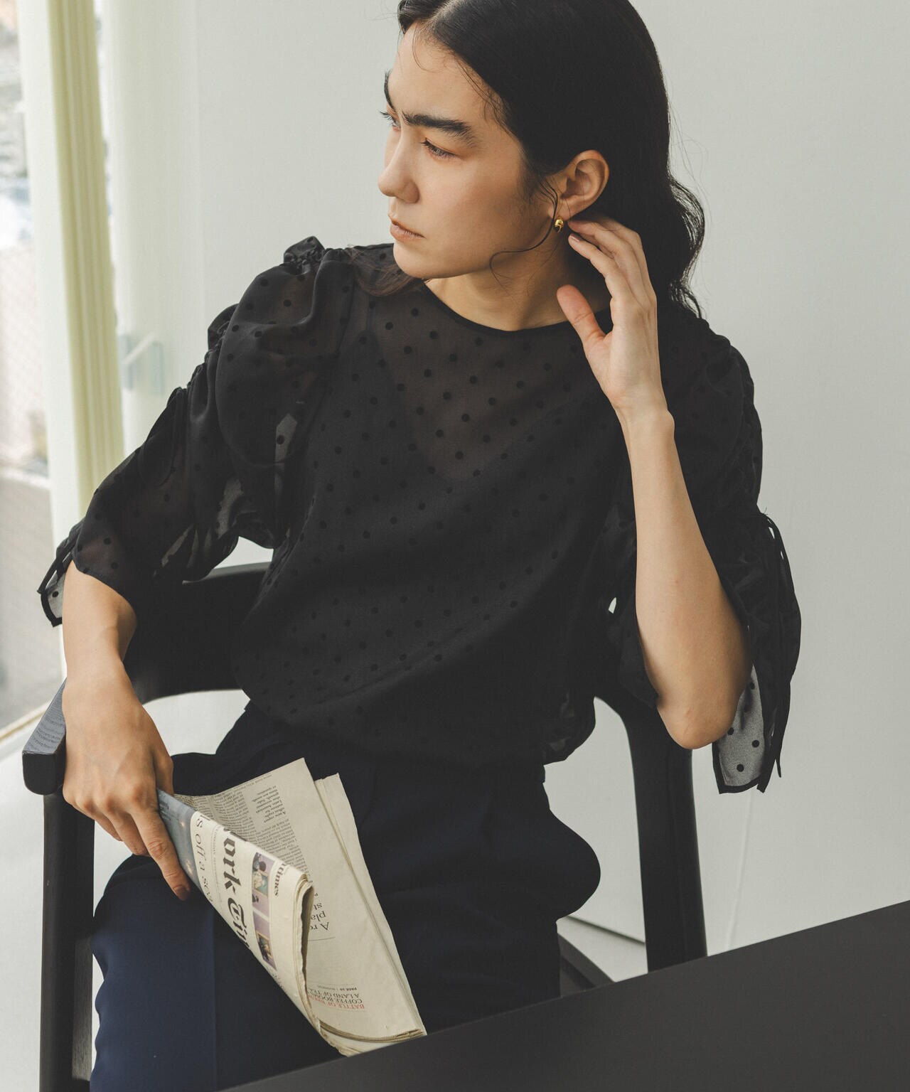 フロッキードットリボンスリーブブラウス 6694220309