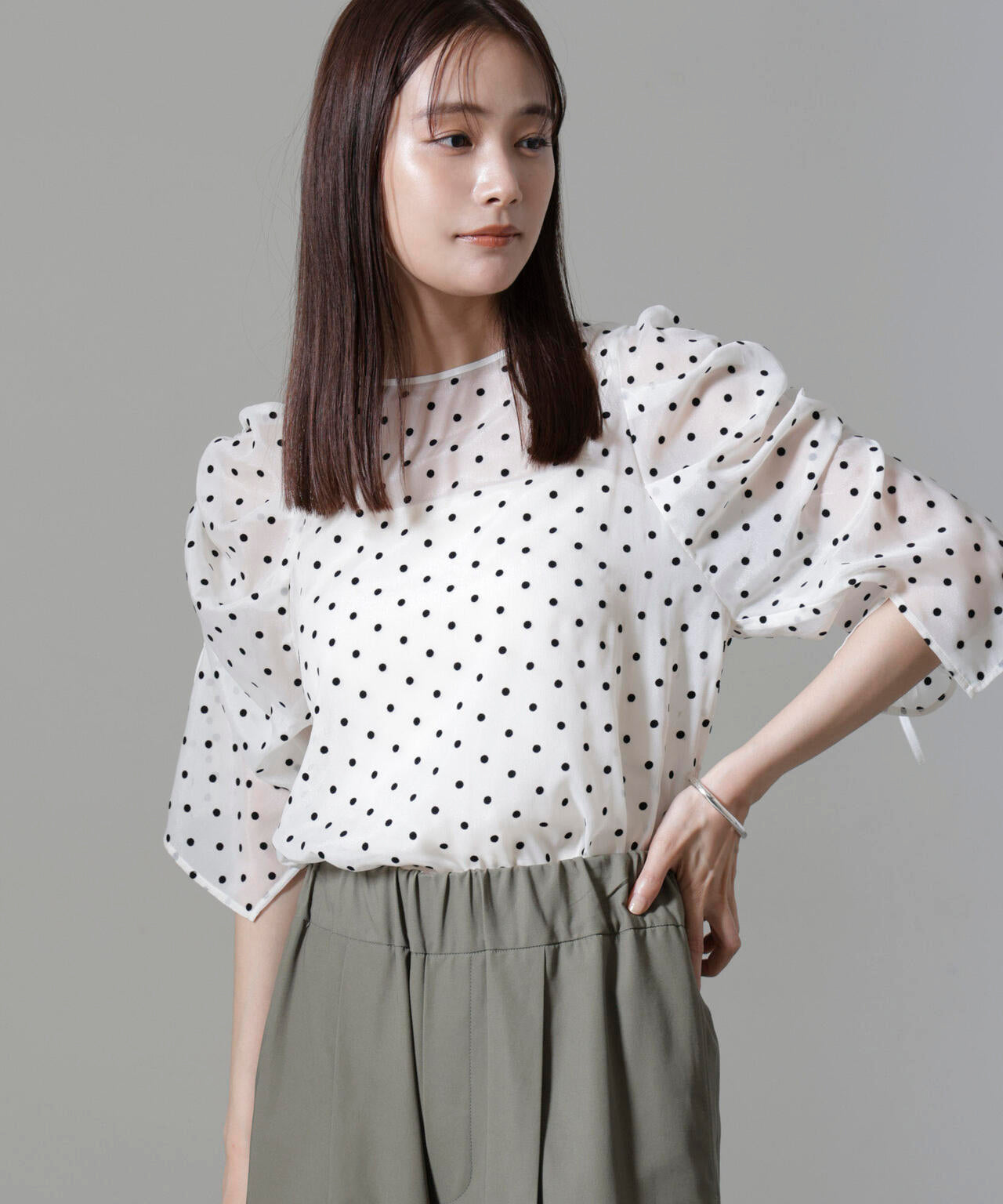 フロッキードットリボンスリーブブラウス 6694220309