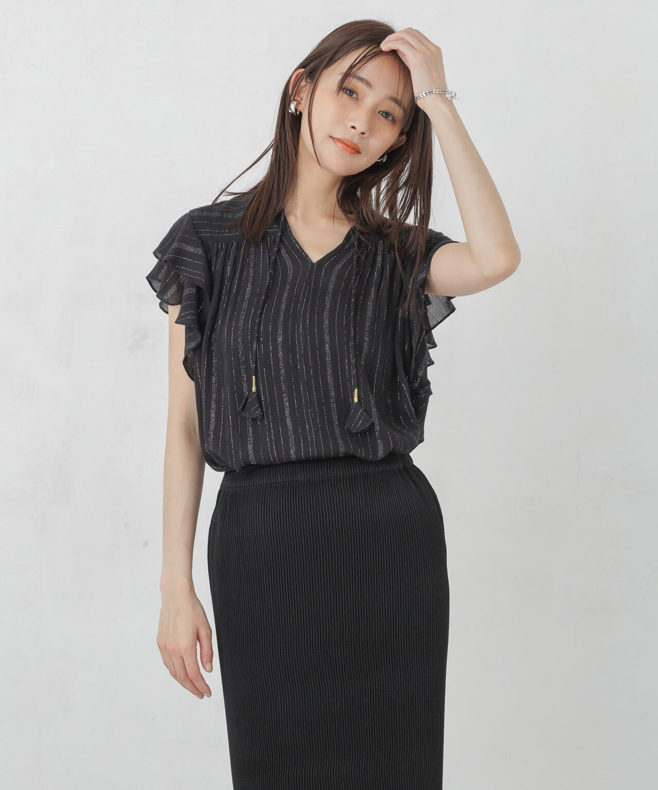 インドラメストライプフレアブラウス 6694221300