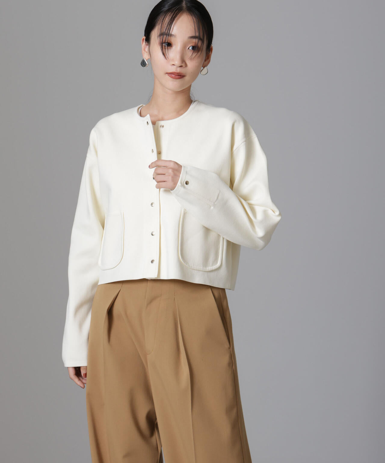 ノーカラーニットジャケット (セットアップ可) 6694222320