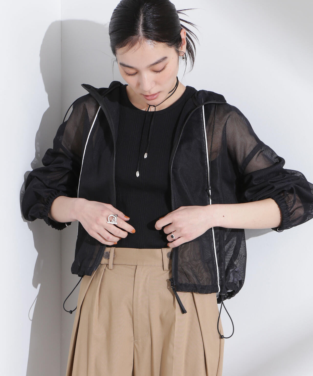 配色パイピングメッシュブルゾン 6695112305