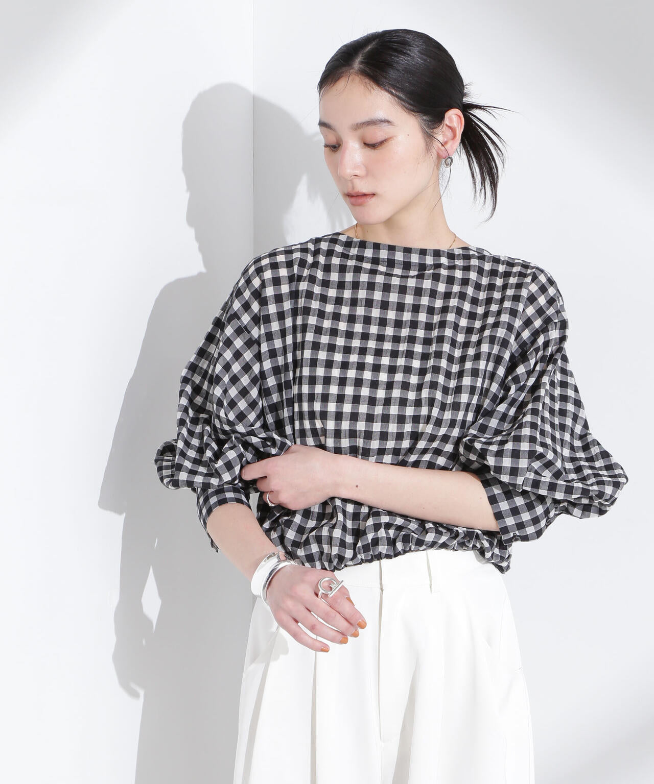 シアーチェックバックオープンバルーンブラウス 6695120314