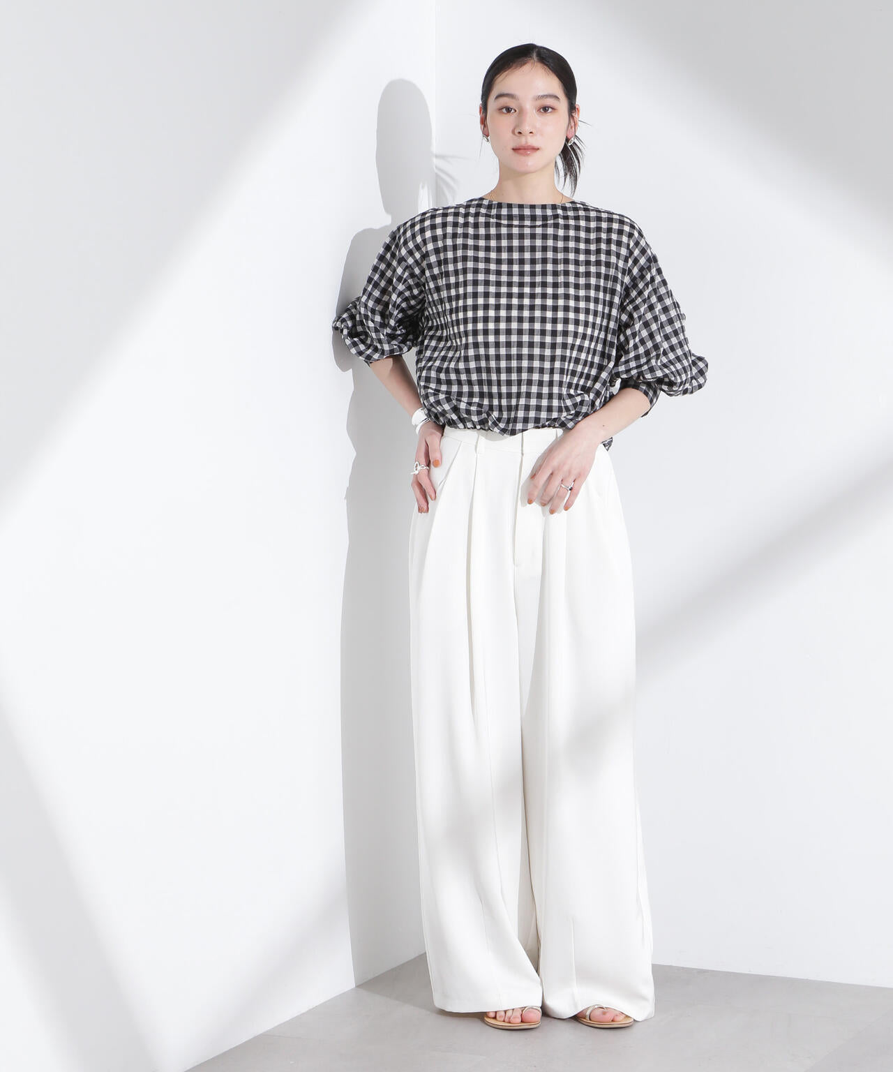 シアーチェックバックオープンバルーンブラウス 6695120314