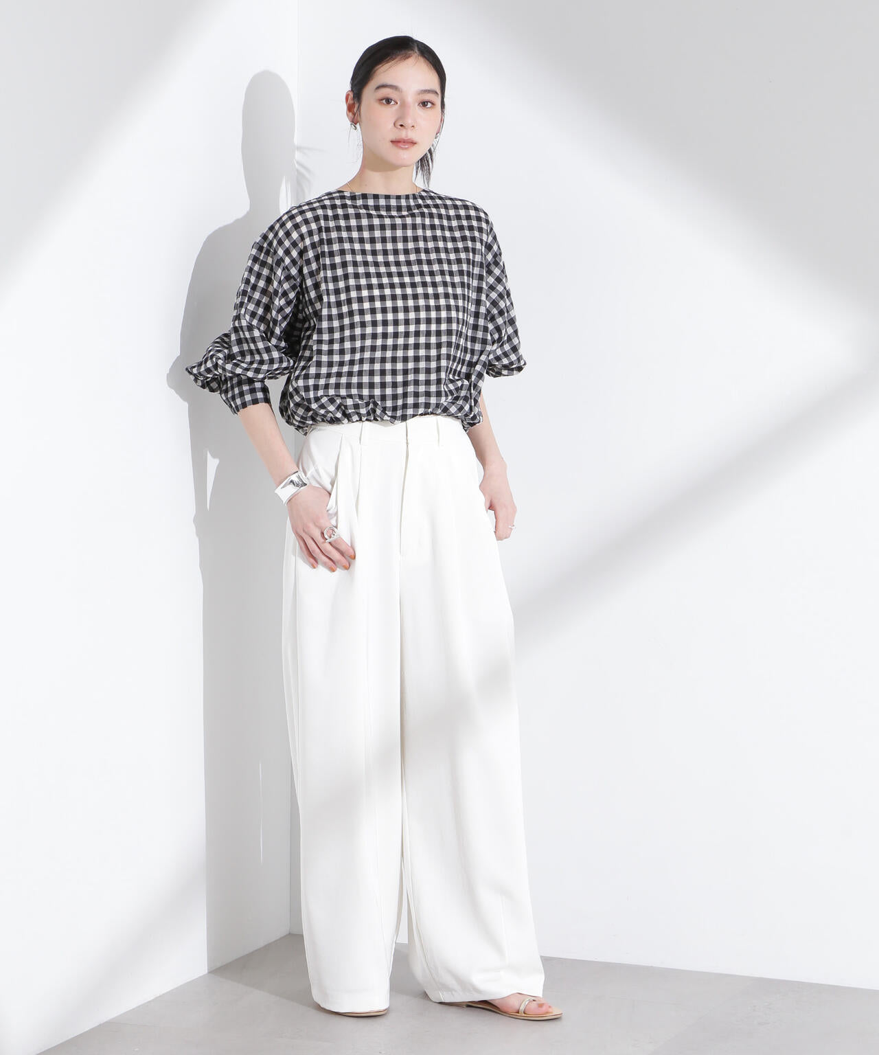 シアーチェックバックオープンバルーンブラウス 6695120314