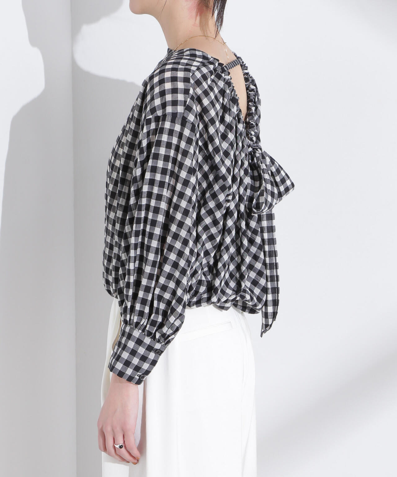 シアーチェックバックオープンバルーンブラウス 6695120314