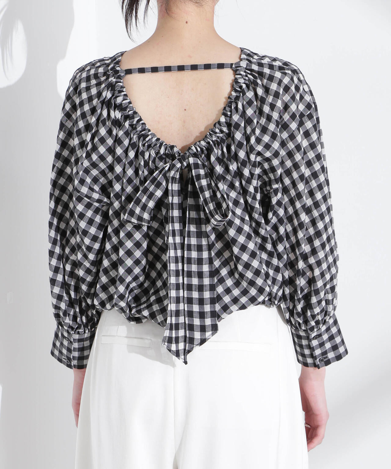 シアーチェックバックオープンバルーンブラウス 6695120314
