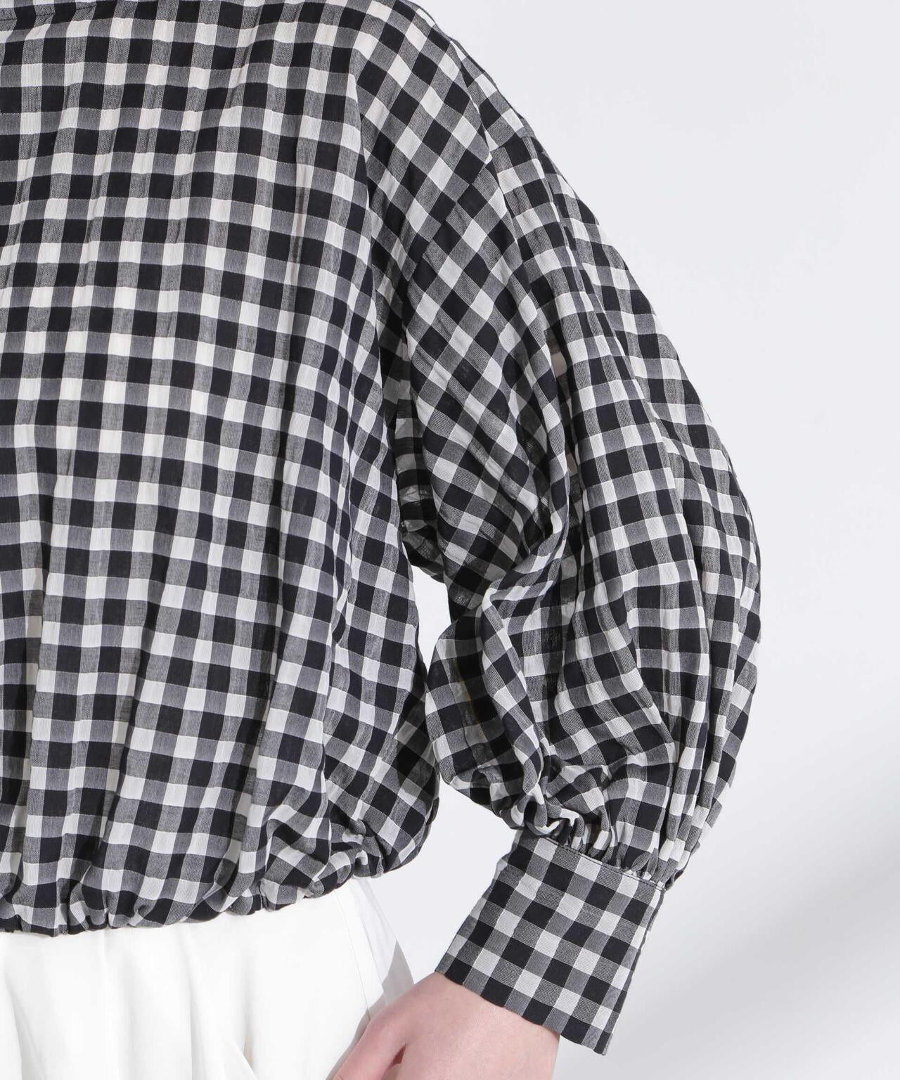 シアーチェックバックオープンバルーンブラウス 6695120314