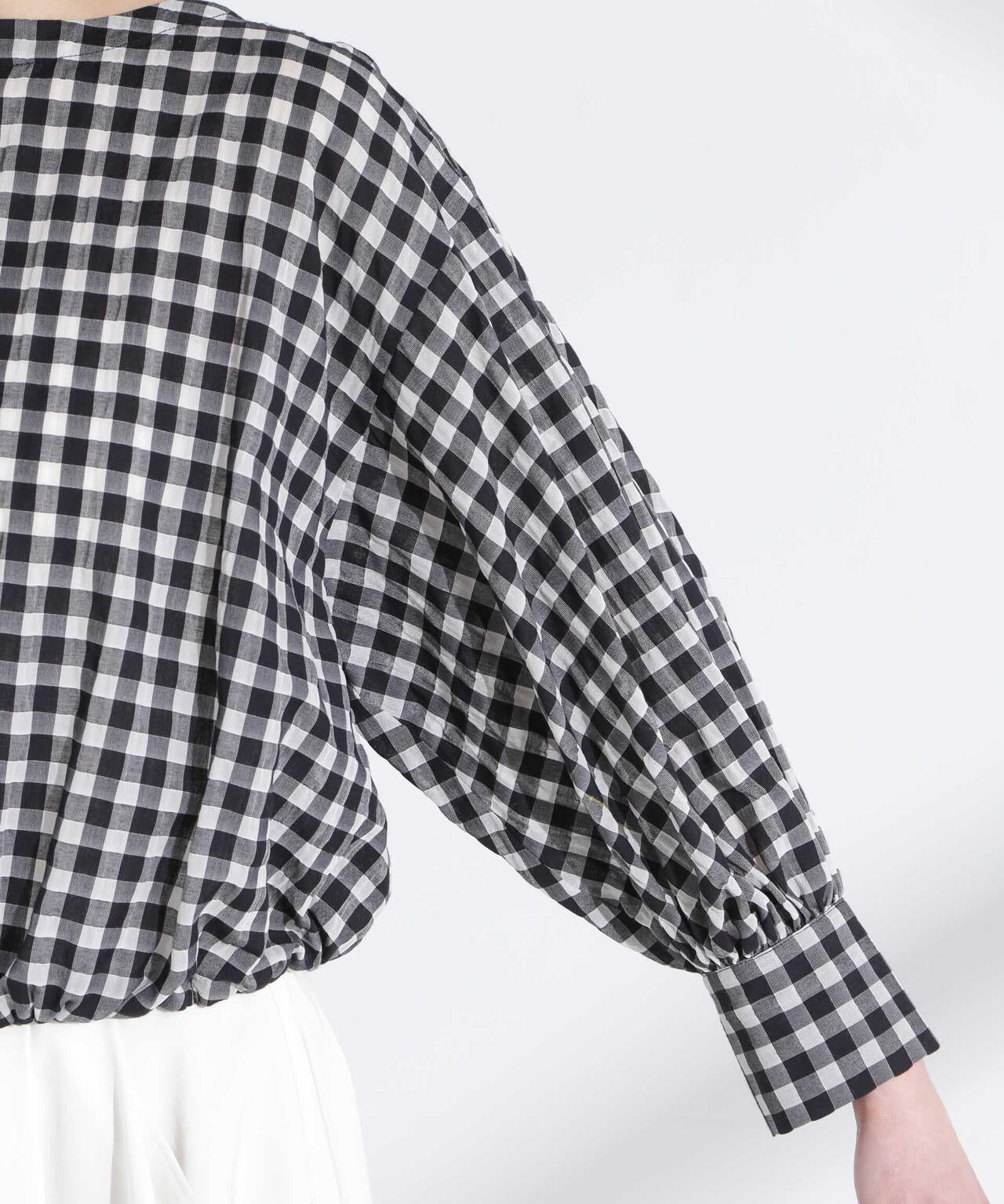 シアーチェックバックオープンバルーンブラウス 6695120314