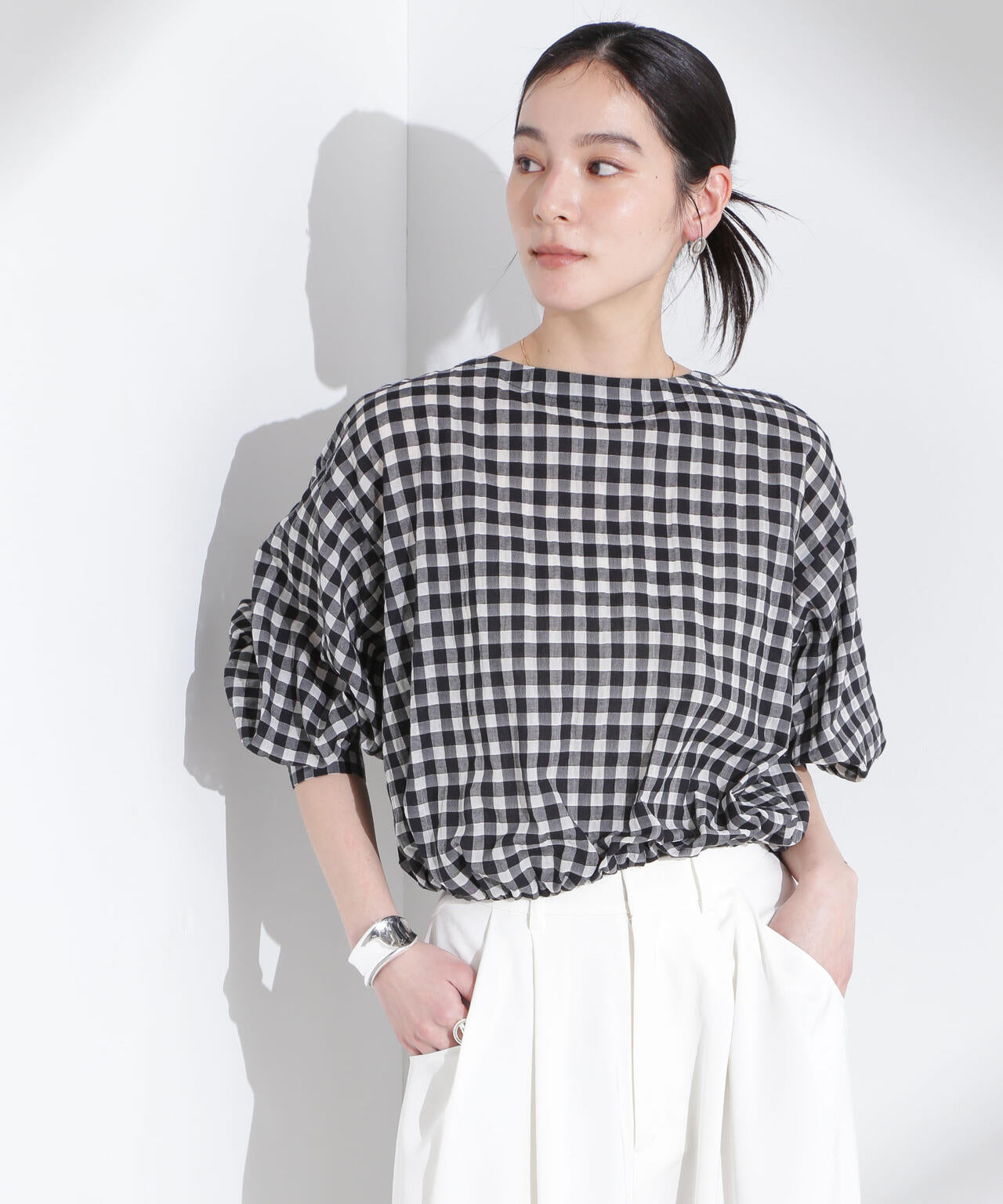 シアーチェックバックオープンバルーンブラウス 6695120314