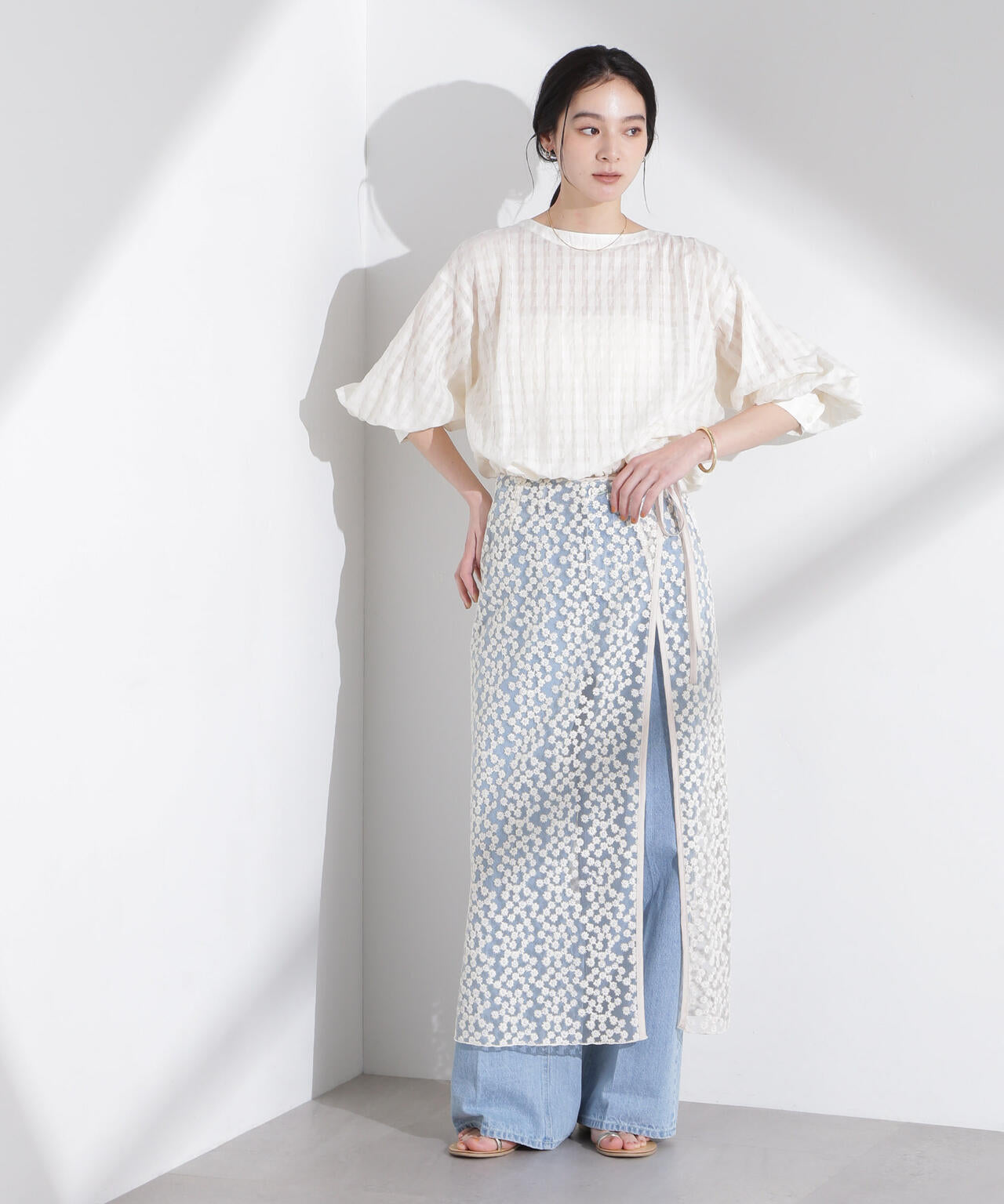 シアーチェックバックオープンバルーンブラウス 6695120314