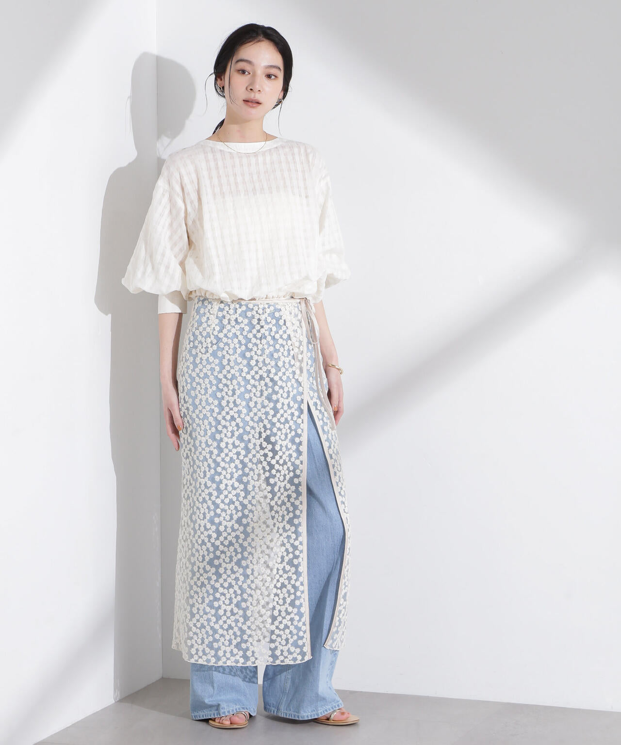 シアーチェックバックオープンバルーンブラウス 6695120314