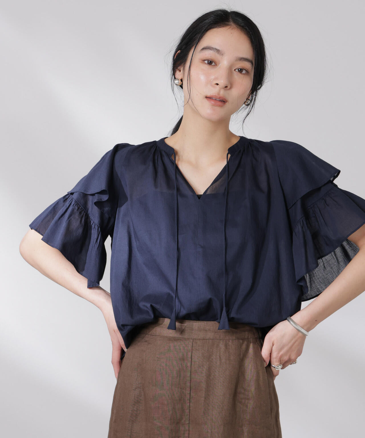 made in india コットンフリルスリーブブラウス 6695121300