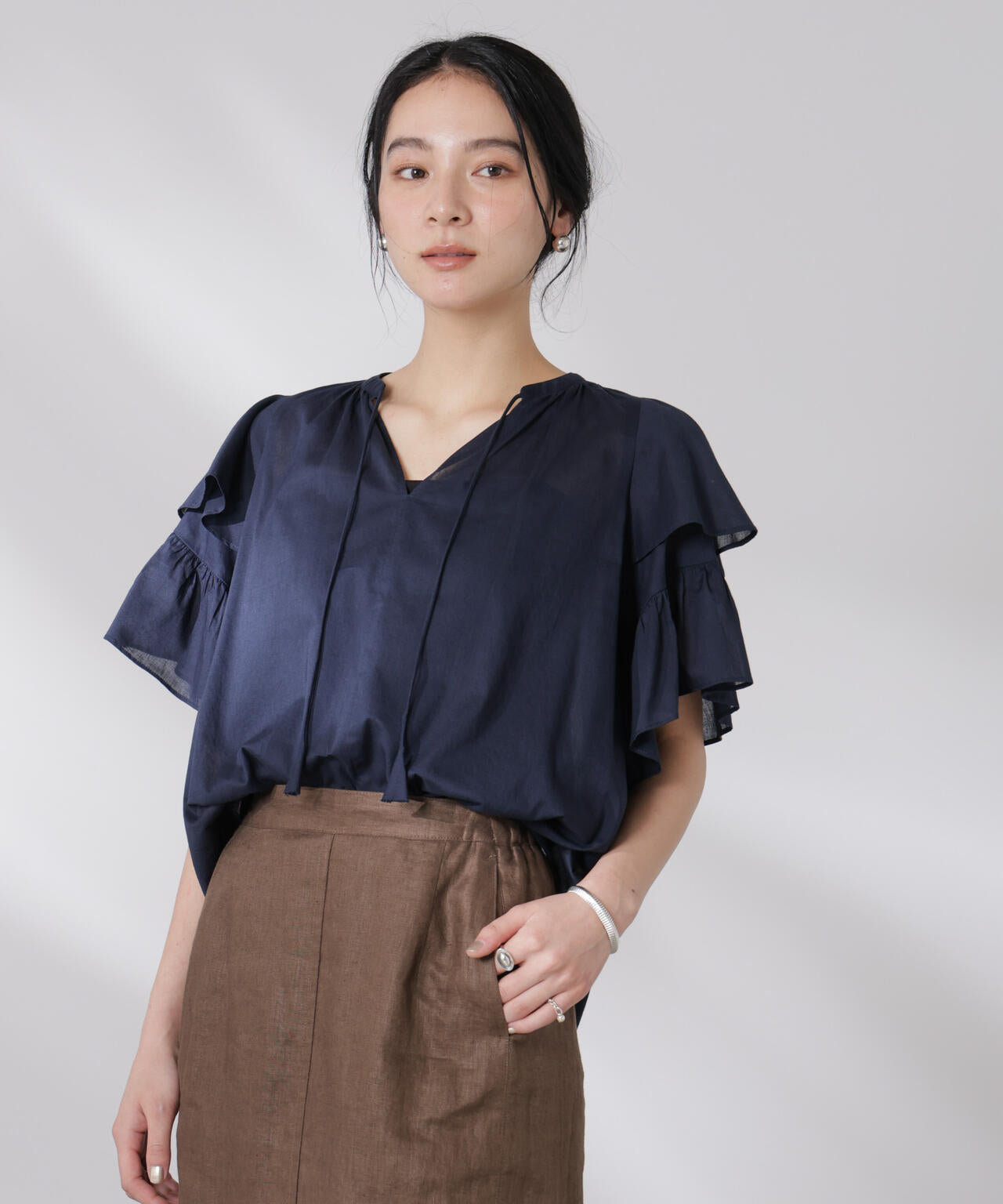 made in india コットンフリルスリーブブラウス 6695121300