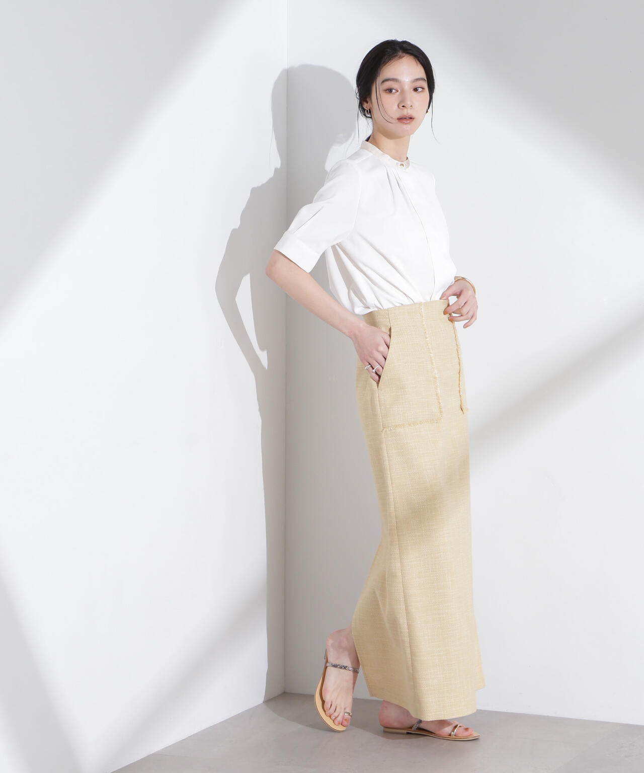 スタンドバイカラータックブラウス 半袖 6695121306