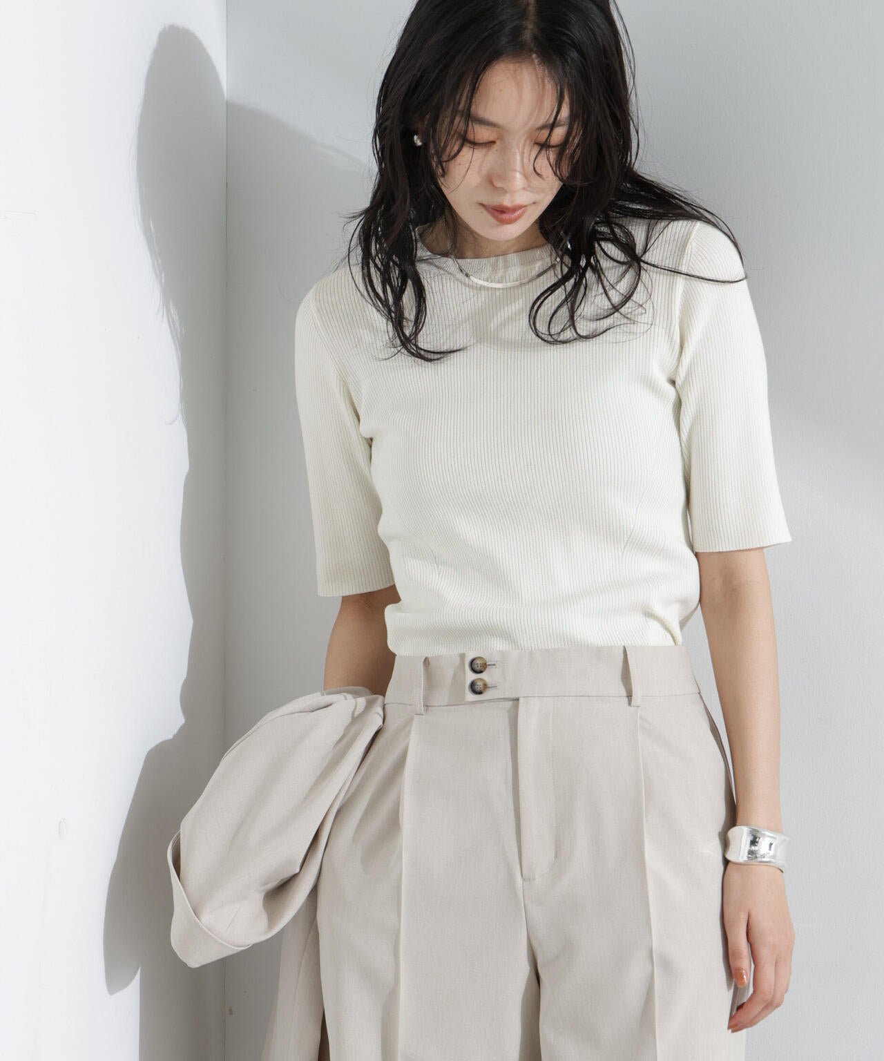 ウォッシャブルハイツイスト五分袖リブニット 6695122309