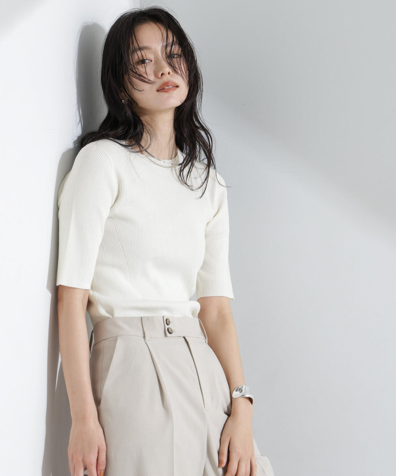 ウォッシャブルハイツイスト五分袖リブニット 6695122309