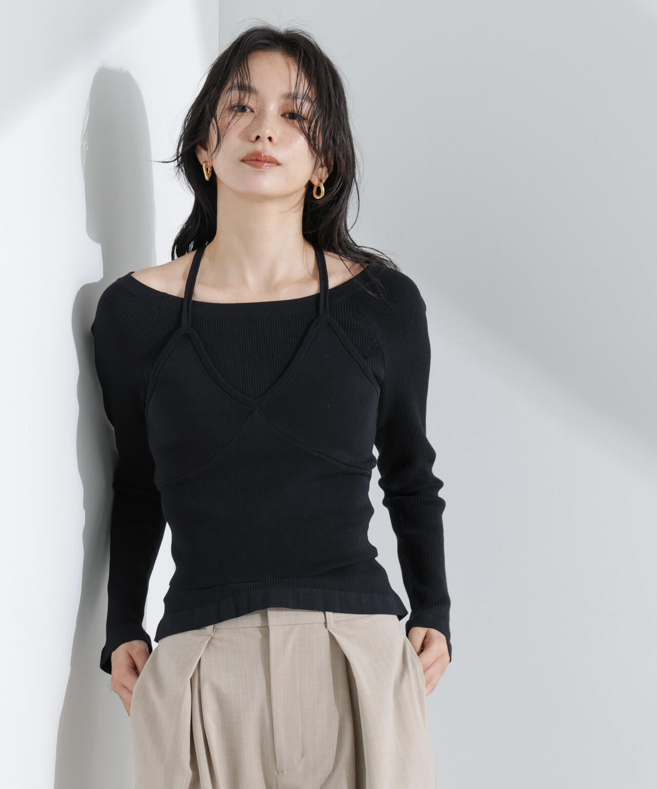 ホルターネックキャミ付きリブトップス 6695122311