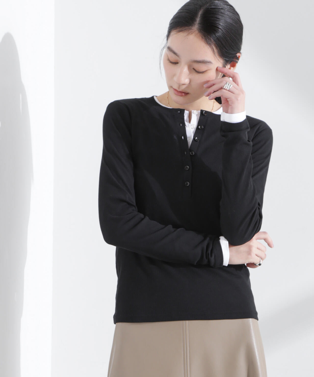 シアーリブヘンリーネックトップス 6695123308