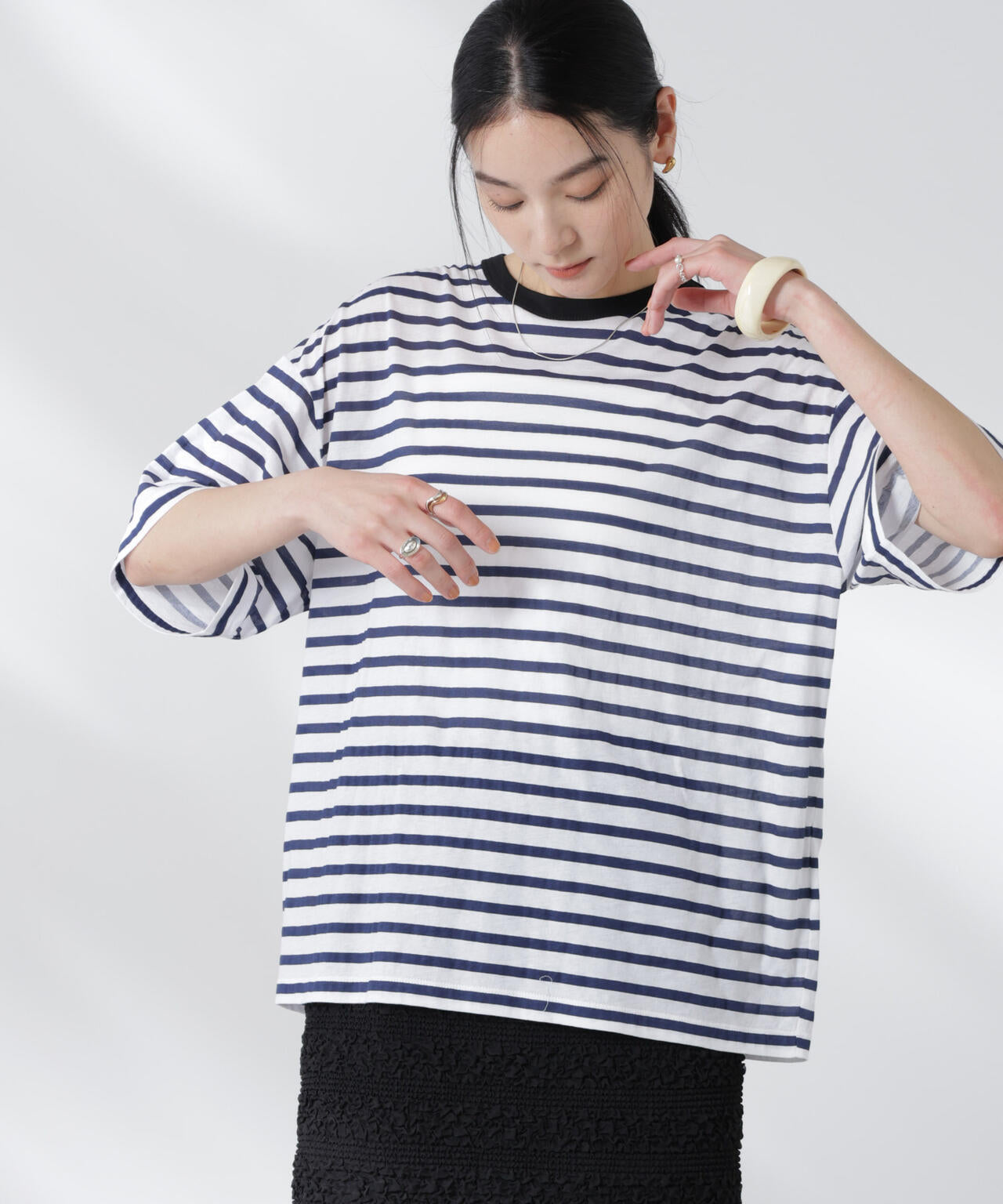ボーダーシアーコットンTシャツ 6695124321