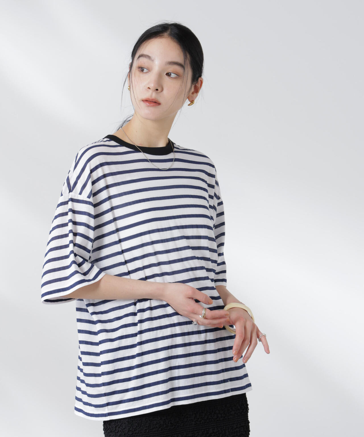 ボーダーシアーコットンTシャツ 6695124321