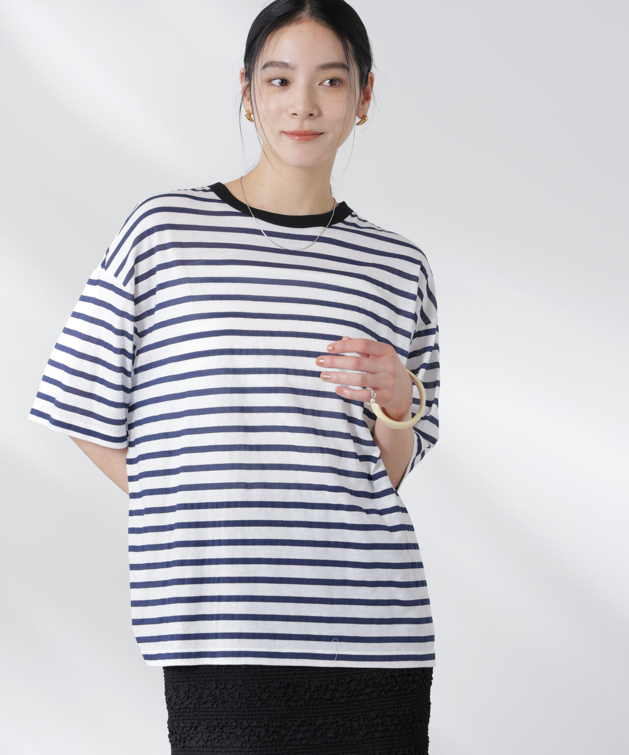 ボーダーシアーコットンTシャツ 6695124321