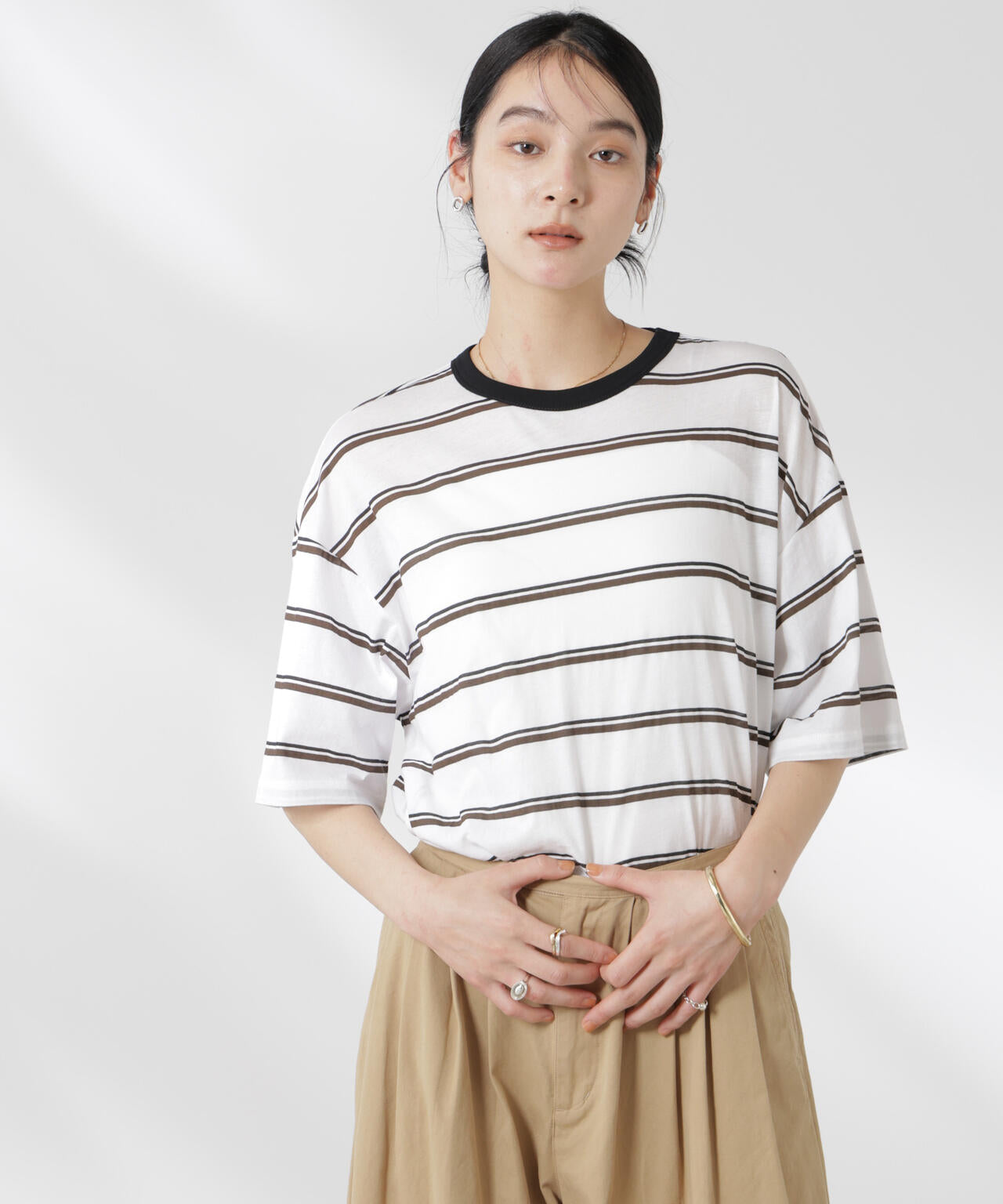 ボーダーシアーコットンTシャツ 6695124321