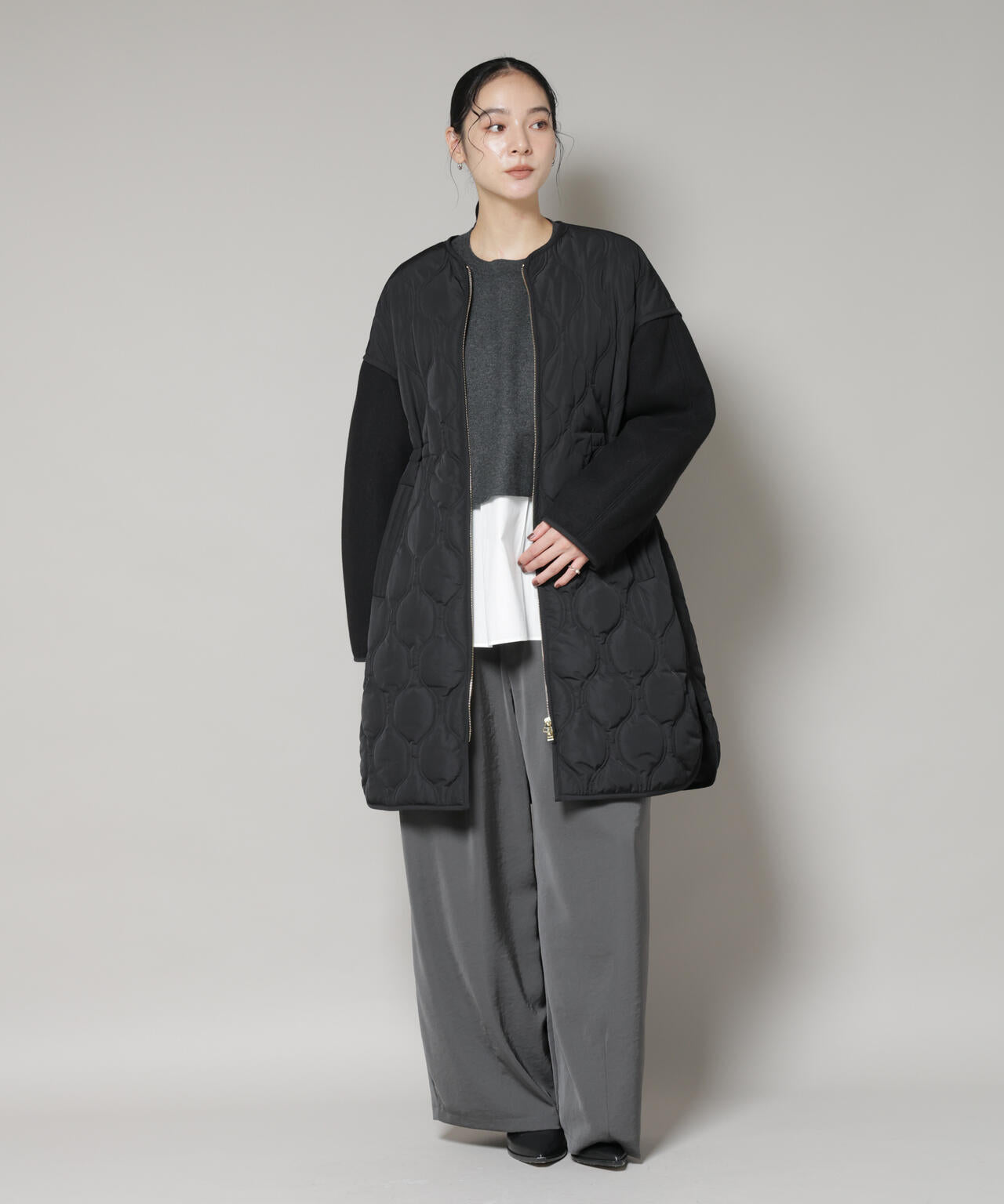 異素材コンビキルティングノーカラーコート 6695211305