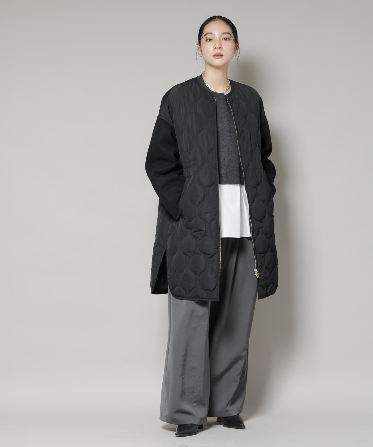 異素材コンビキルティングノーカラーコート 6695211305