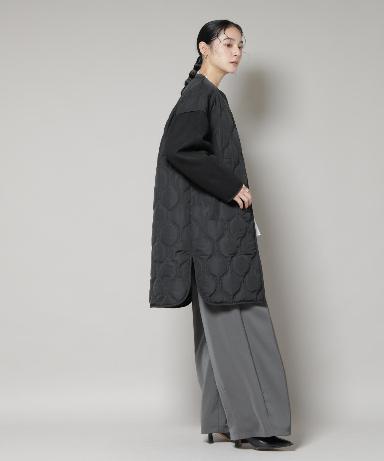 異素材コンビキルティングノーカラーコート 6695211305