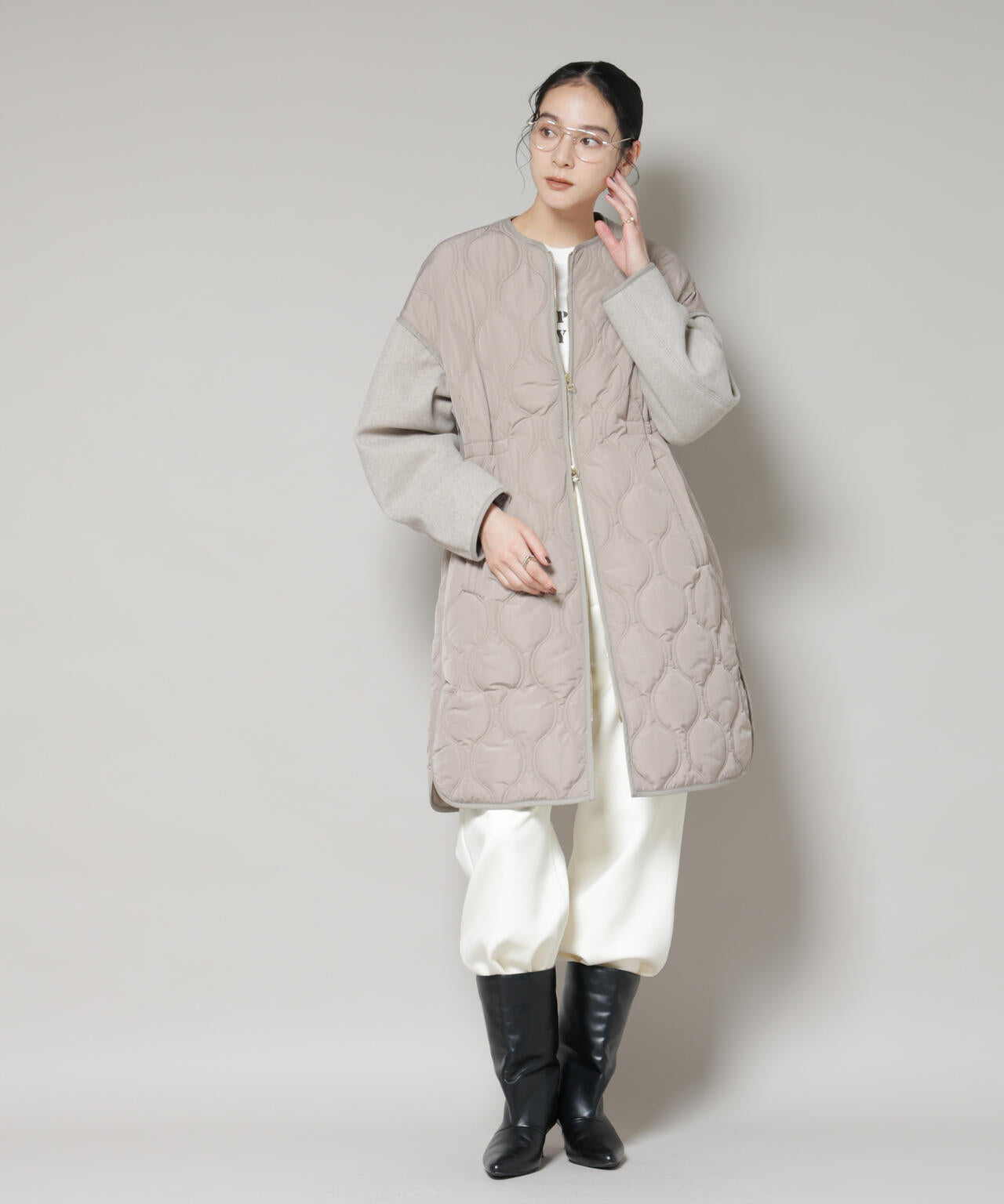 異素材コンビキルティングノーカラーコート 6695211305