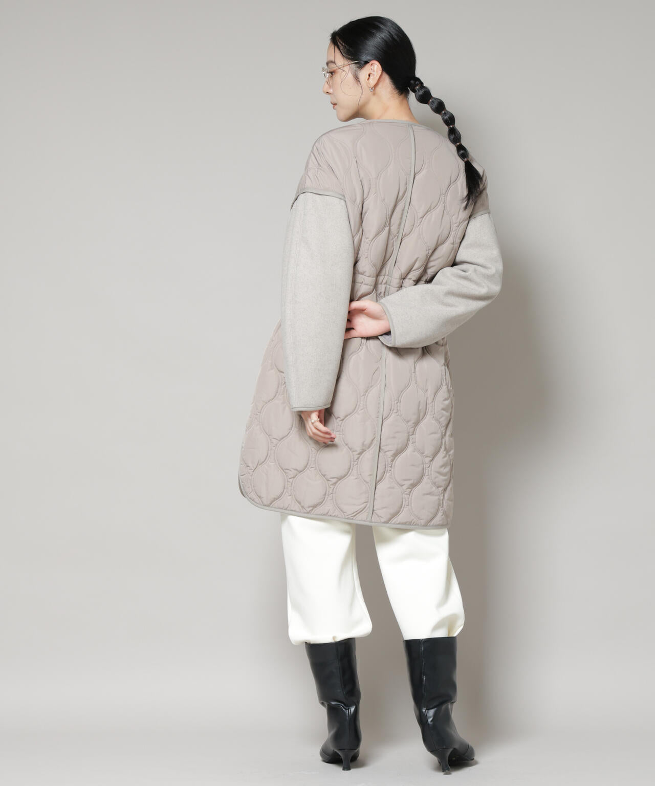 異素材コンビキルティングノーカラーコート 6695211305