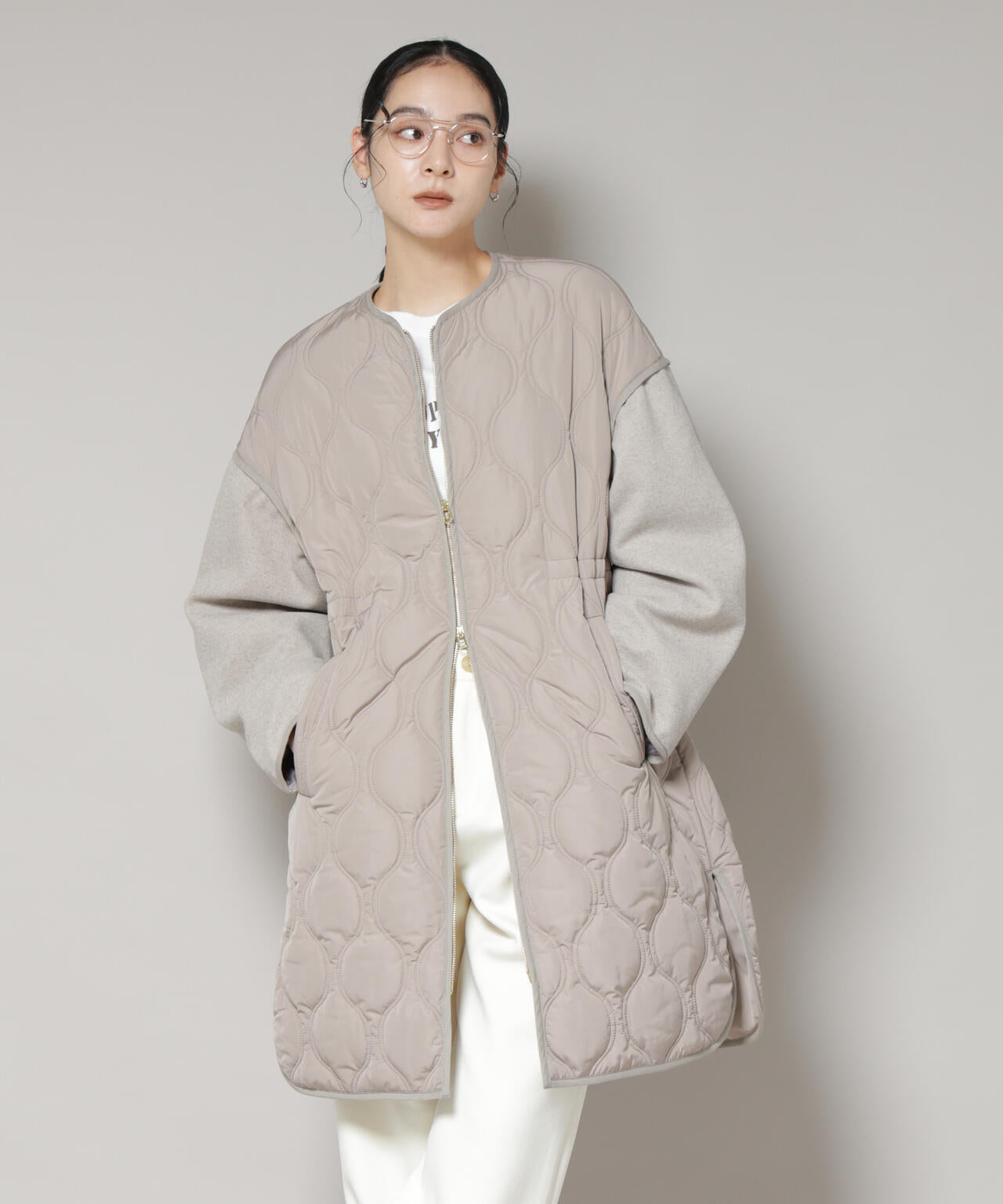 異素材コンビキルティングノーカラーコート 6695211305