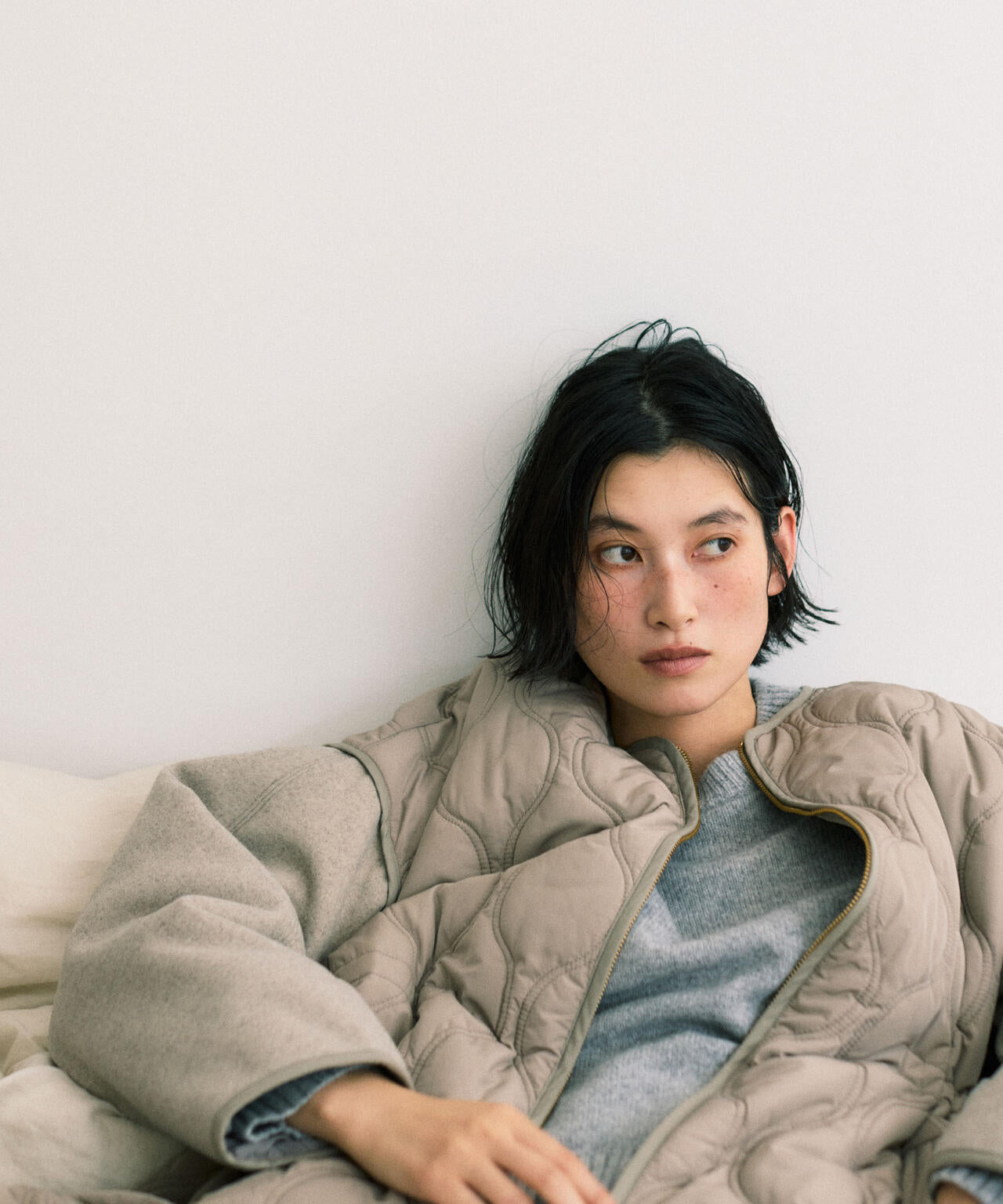 異素材 コンビ キルティング ノーカラーコート